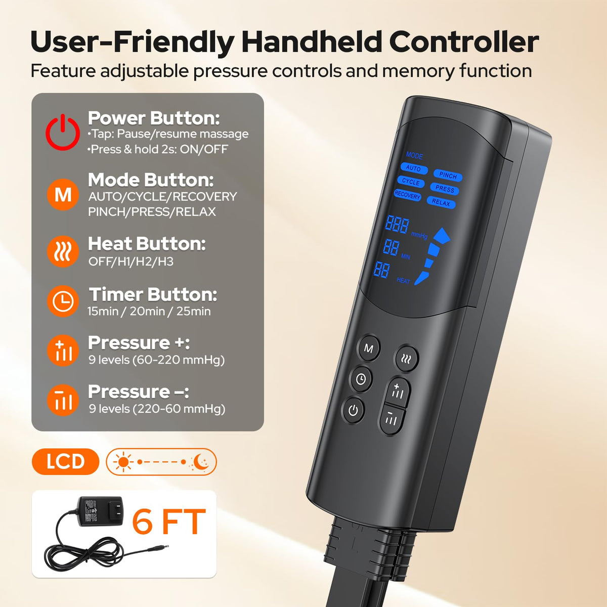 Air Compression Leg Massager with Heat, 6 Modes, 9 Intensities T730326