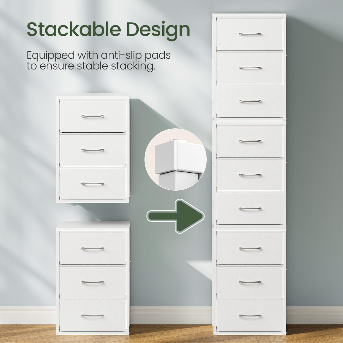 White 3 Drawer Fabric Storage Dresser with Wooden Top Q912