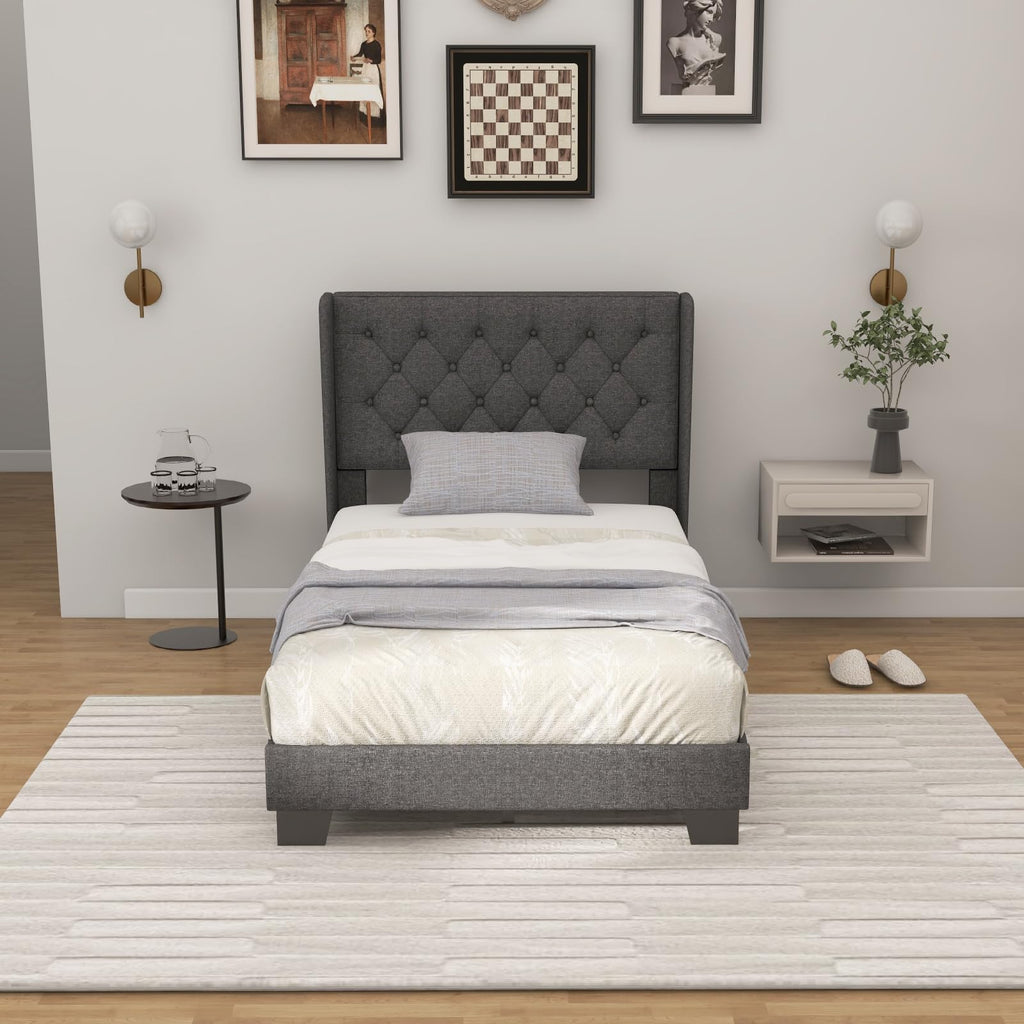 Twin Fabric Upholstered Platform Bed with Wingback Button Tufted Headboard N827049