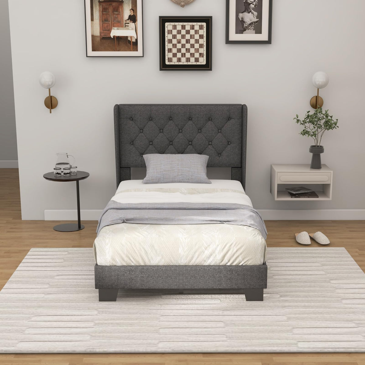 Twin Fabric Upholstered Platform Bed with Wingback Button Tufted Headboard N827049