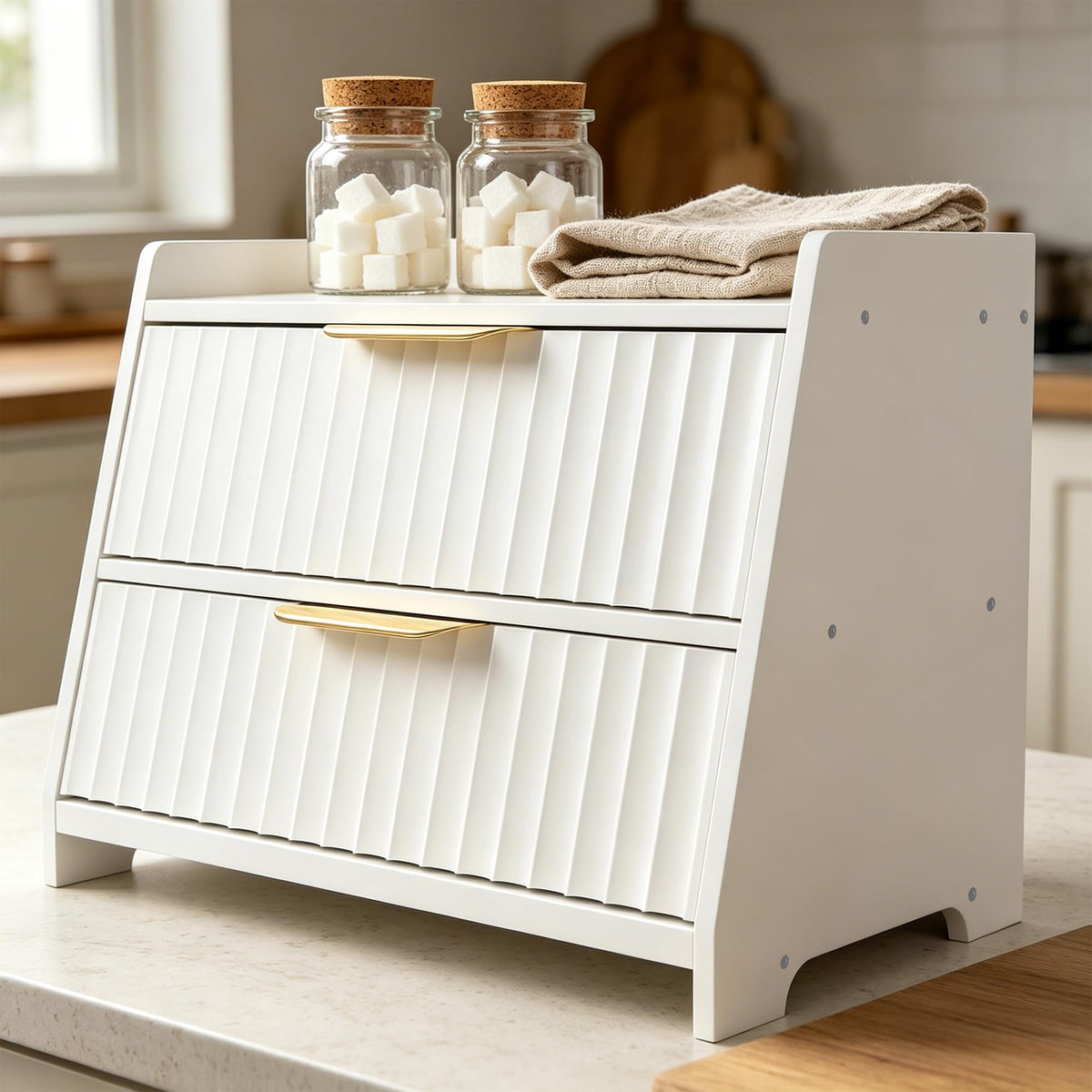 White Double Layer Wooden Bread Box F419