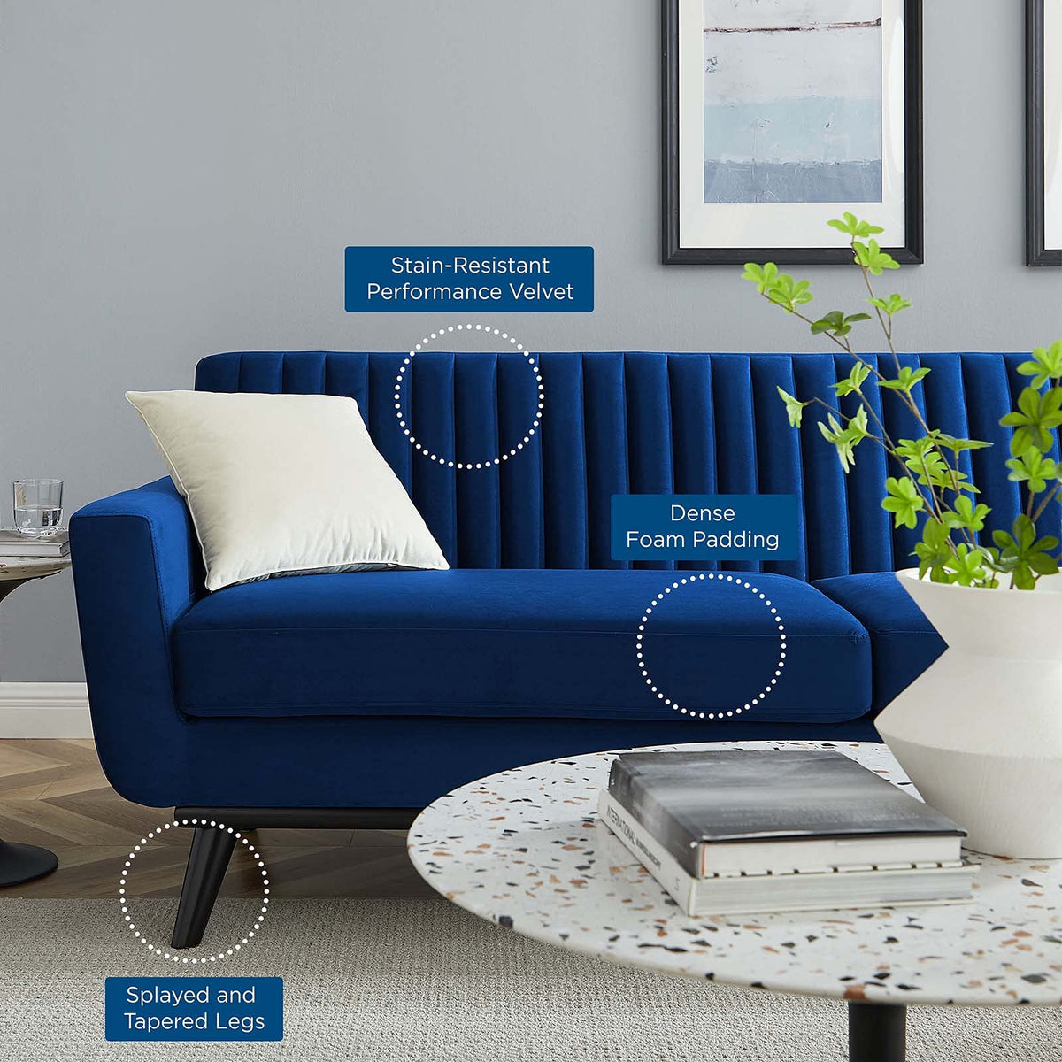 Navy Channel Tufted Performance Velvet Sofa X9382
