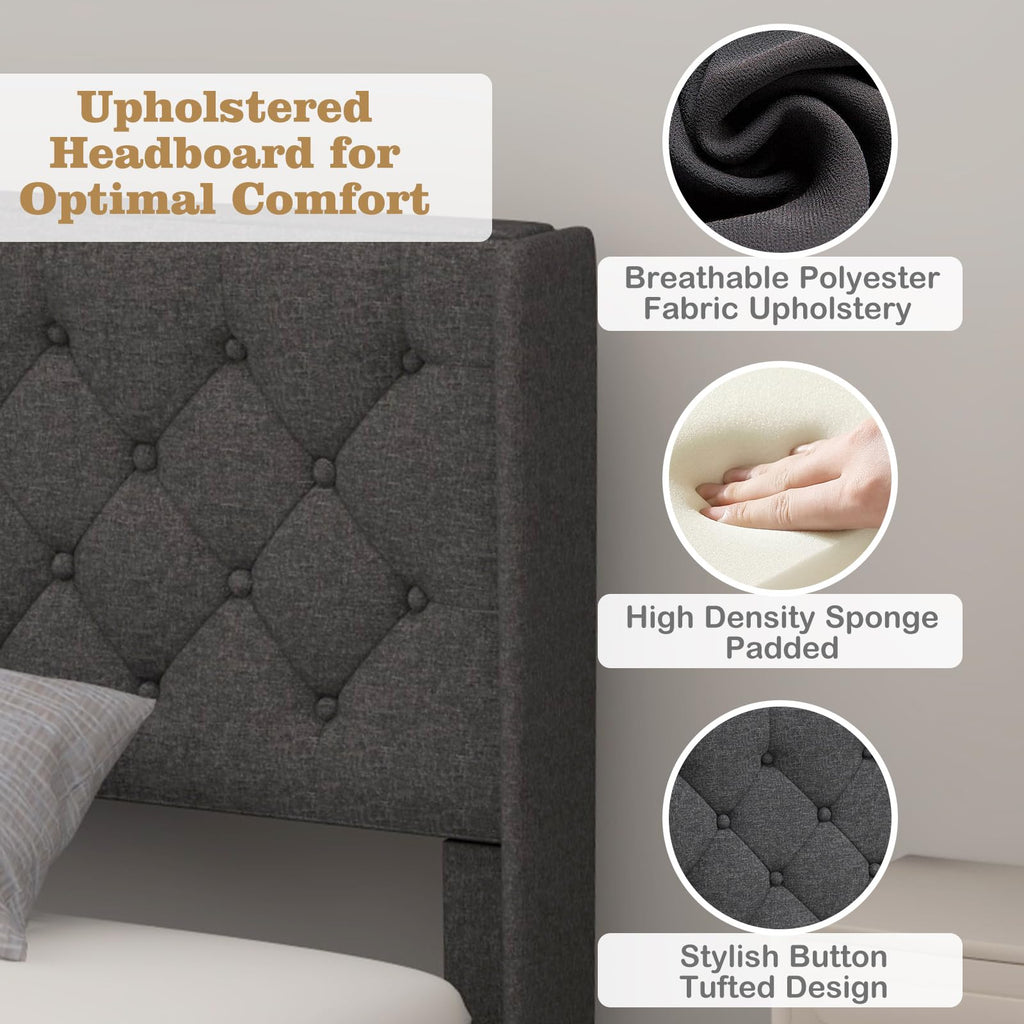Twin Fabric Upholstered Platform Bed with Wingback Button Tufted Headboard N827049