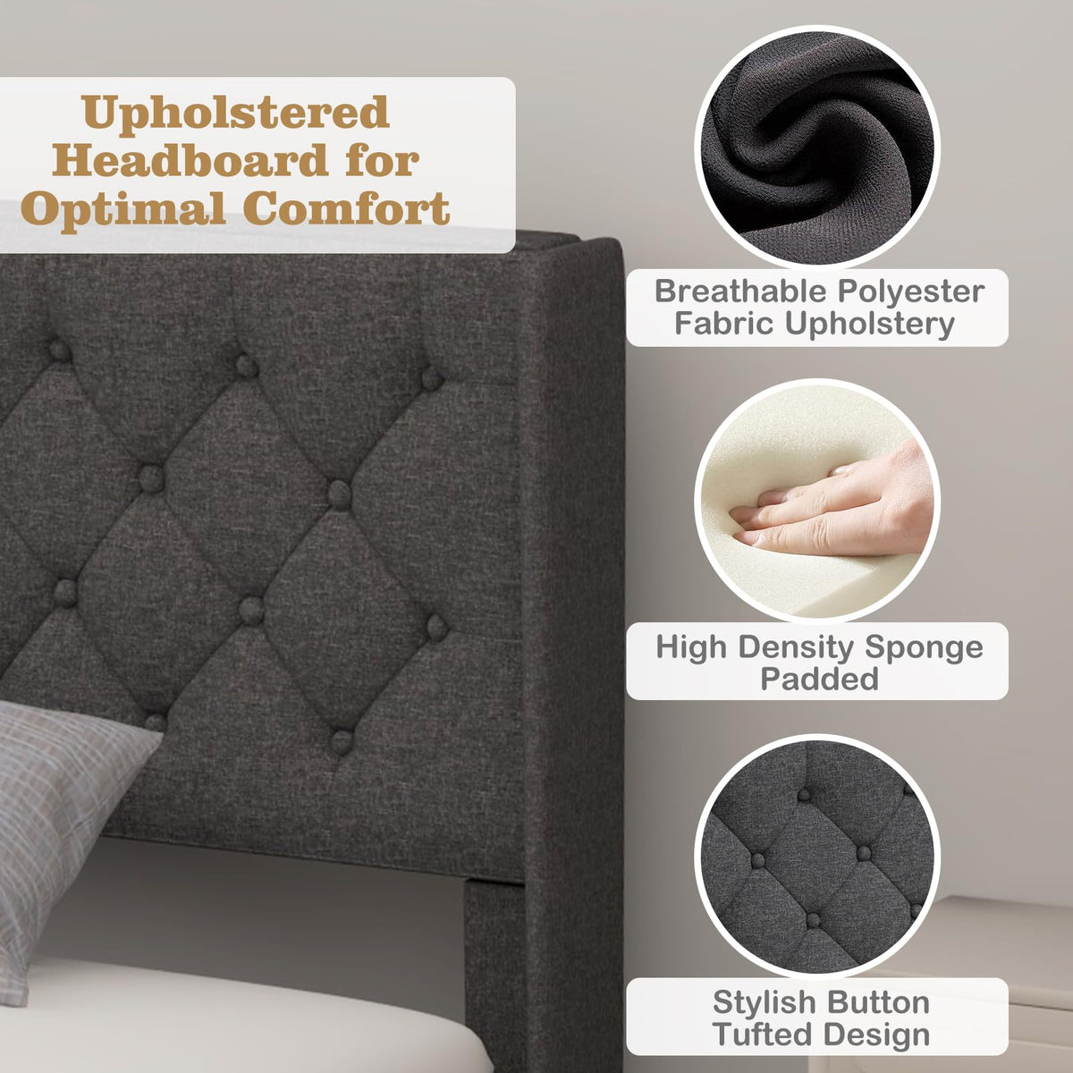 Twin Fabric Upholstered Platform Bed with Wingback Button Tufted Headboard N827049