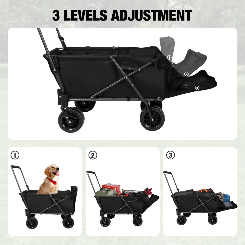Folding Dog Wagon Cart with Extendable Rear End, 220L Collapsible Utility Cart, Black P277