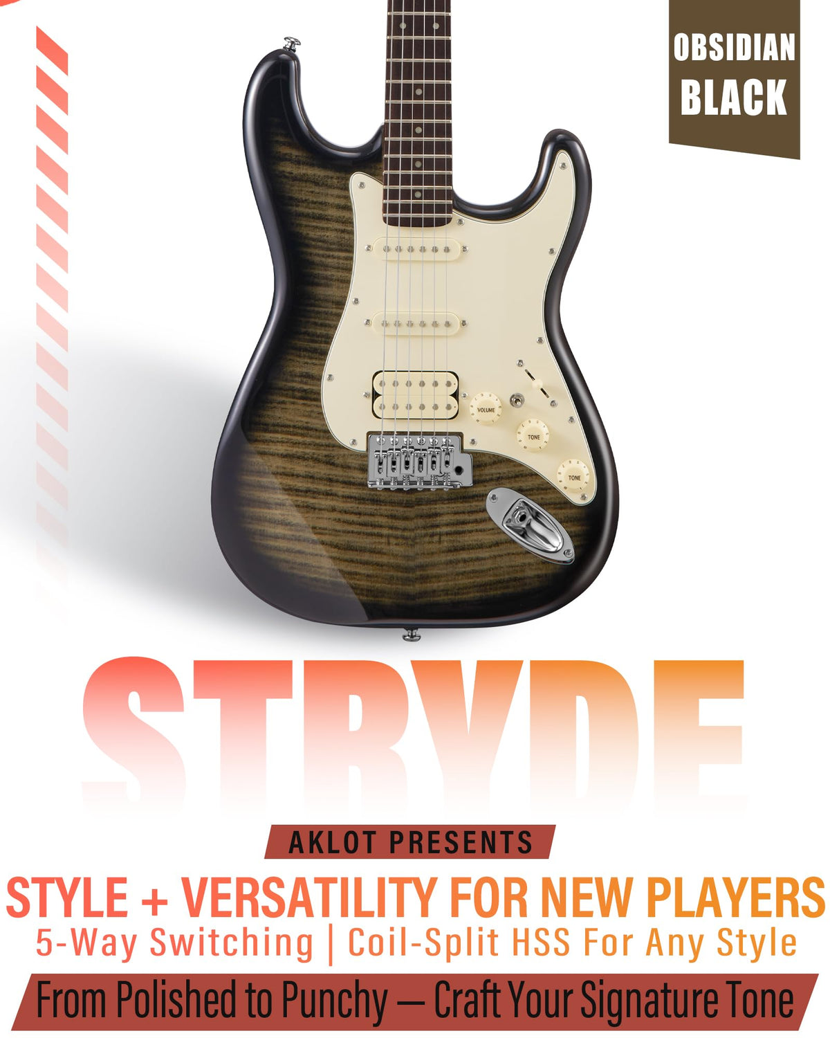 Beginner Electric Guitar Kit with 10W Amp, HSS Pickups, Gig Bag, Tuner, Strap, Picks, Black M769