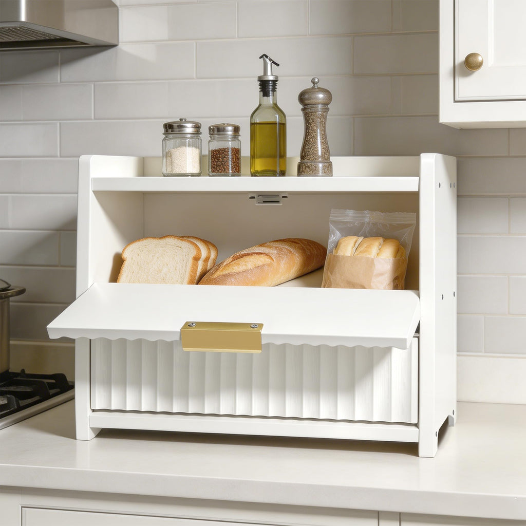 White Double Layer Wooden Bread Box F419