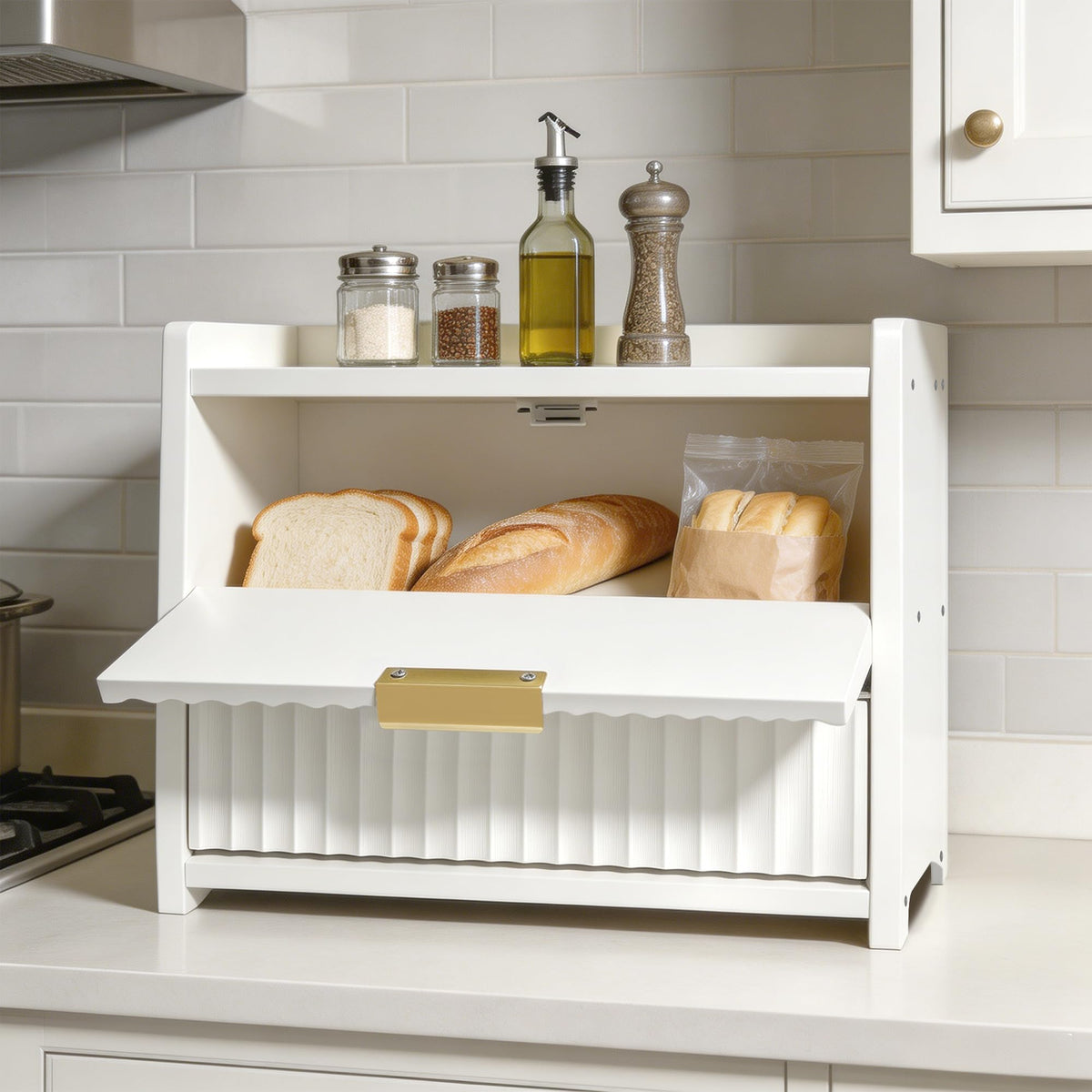 White Double Layer Wooden Bread Box F419