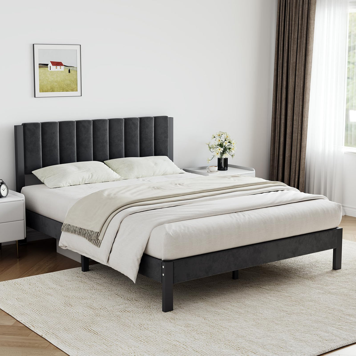 Twin Size Metal Platform Bed Frame with Velvet Headboard and Footboard M286
