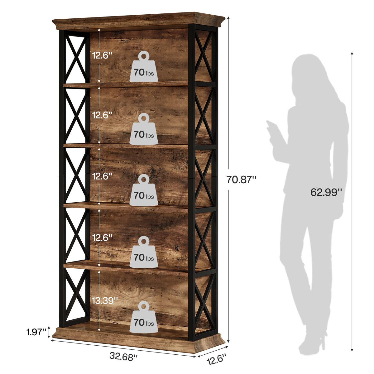 71-Inch 5-Tier Industrial Metal Bookcase I939