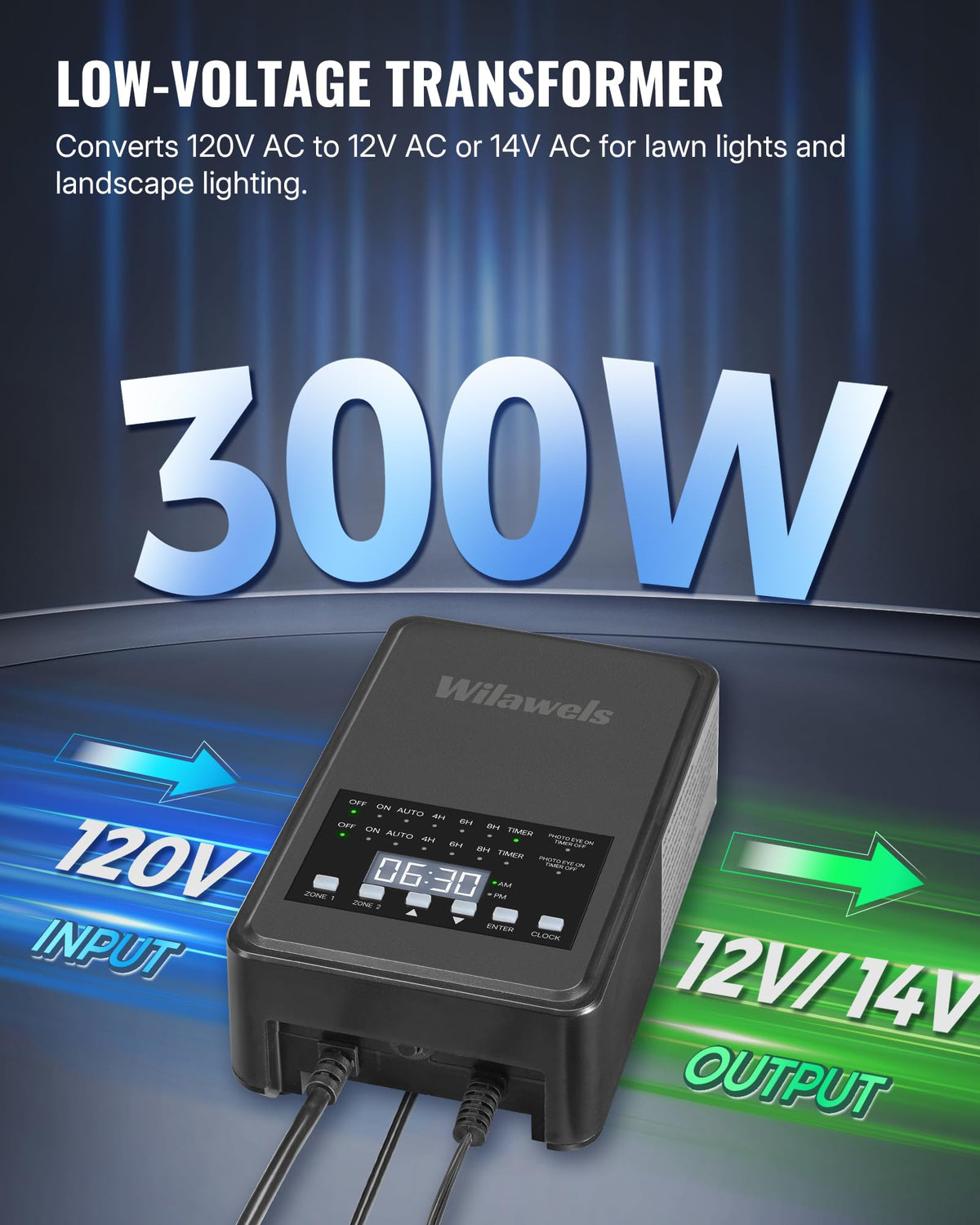 300W Low Voltage Landscape Transformer with Timer & Photocell Sensor Y340325