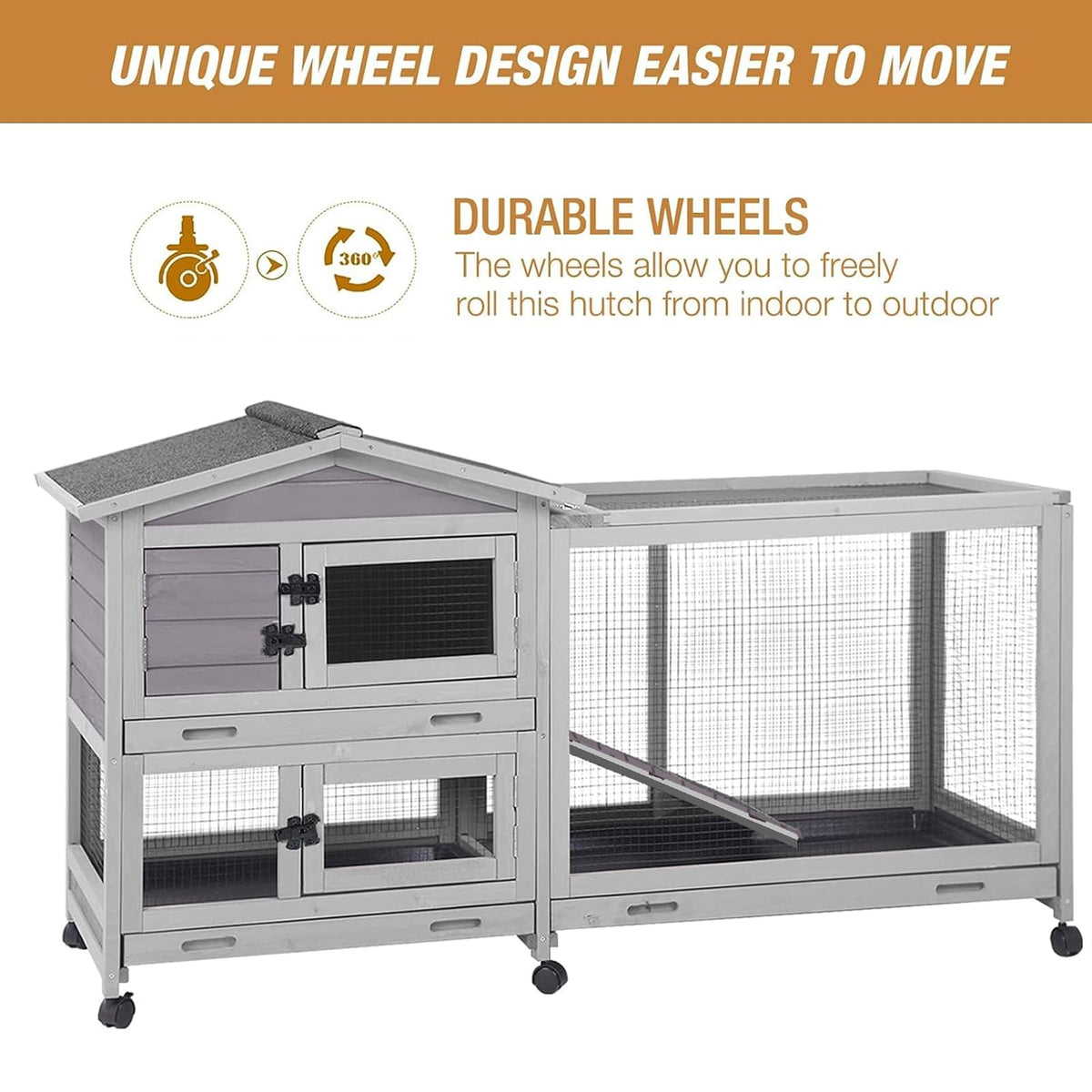 Indoor and Outdoor Rabbit Hutch with Casters Waterproof Roof G128