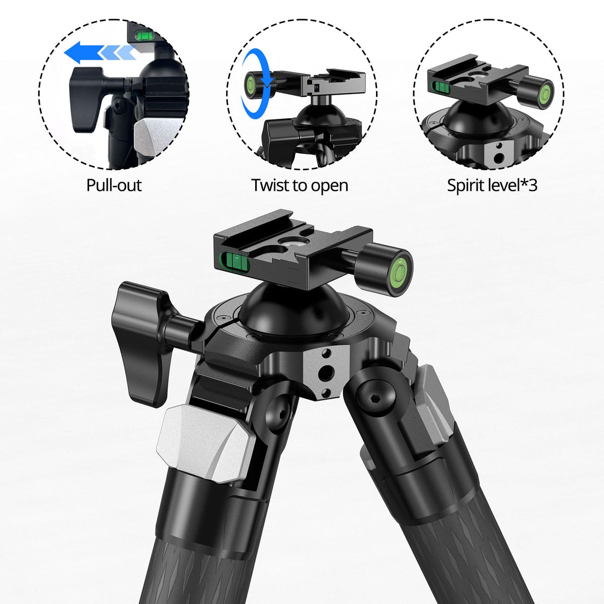Carbon Fiber Hunting Tripod with Bubble Level and Ball Head K1843