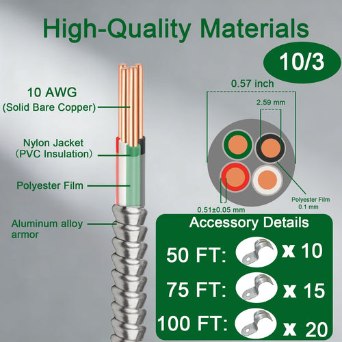 10 AWG Metal Clad Cable with Ground 50FT P267959