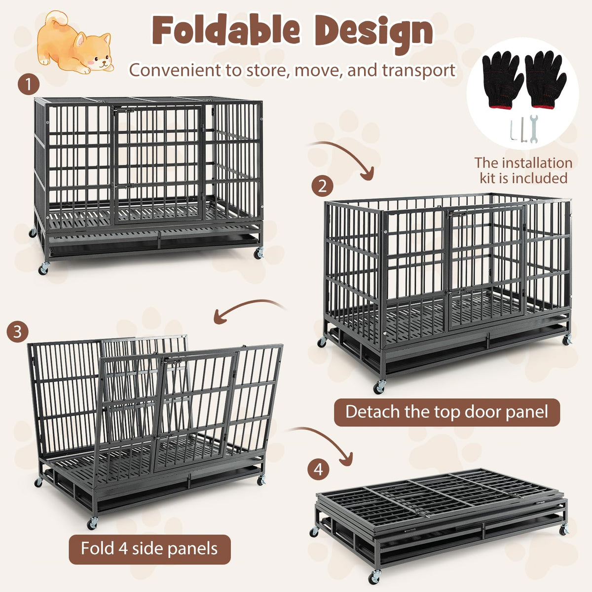 48 Inch Foldable Metal Dog Crate with 2 Lockable Doors I359405