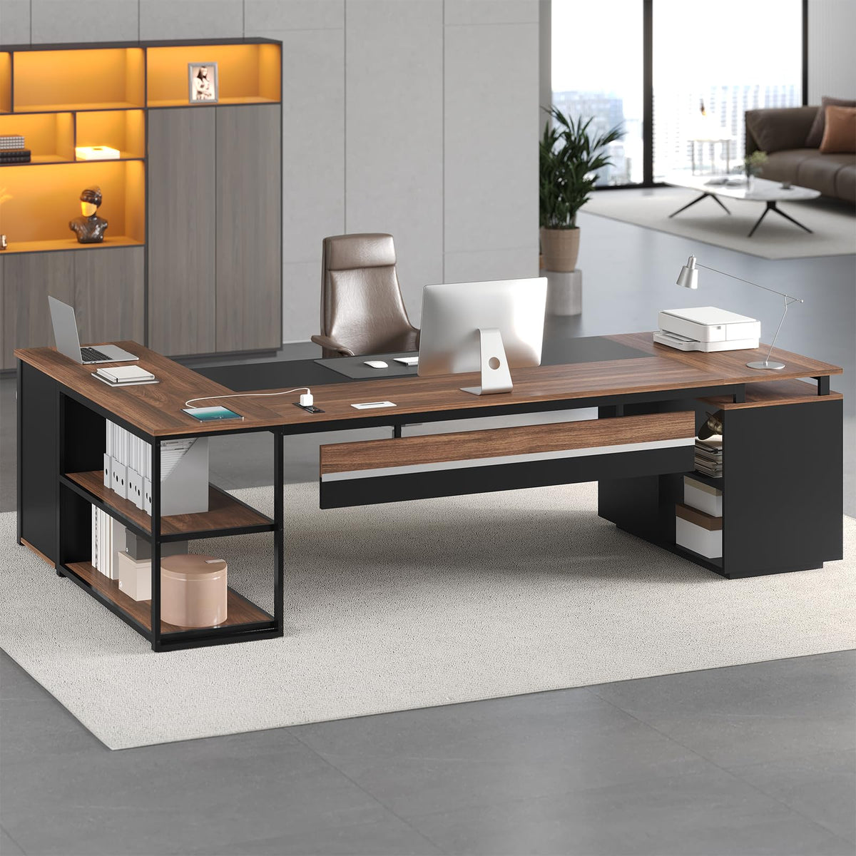 78" Walnut L Shaped Executive Desk with File Cabinet and Outlets X1003