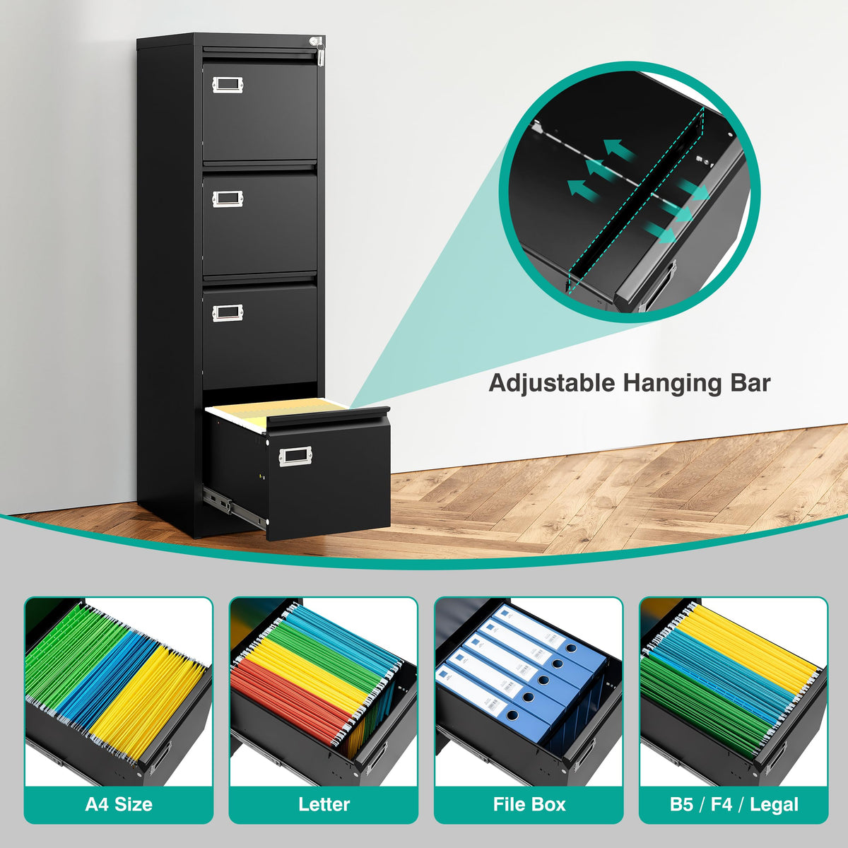 4 Drawer Black Metal File Cabinet with Lock R30518