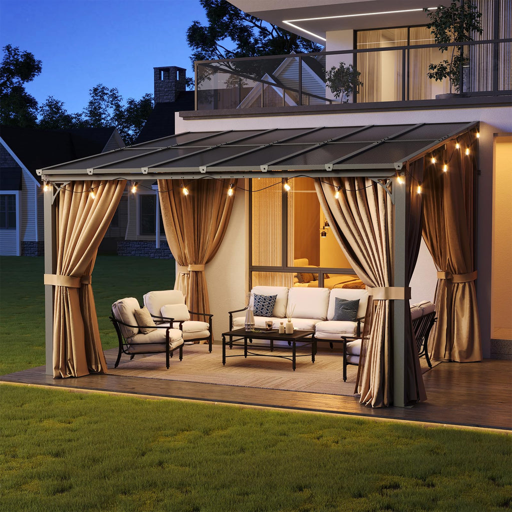 12'x10' Lean to Gazebo with Mosquito Net and Curtains, Brown H886682