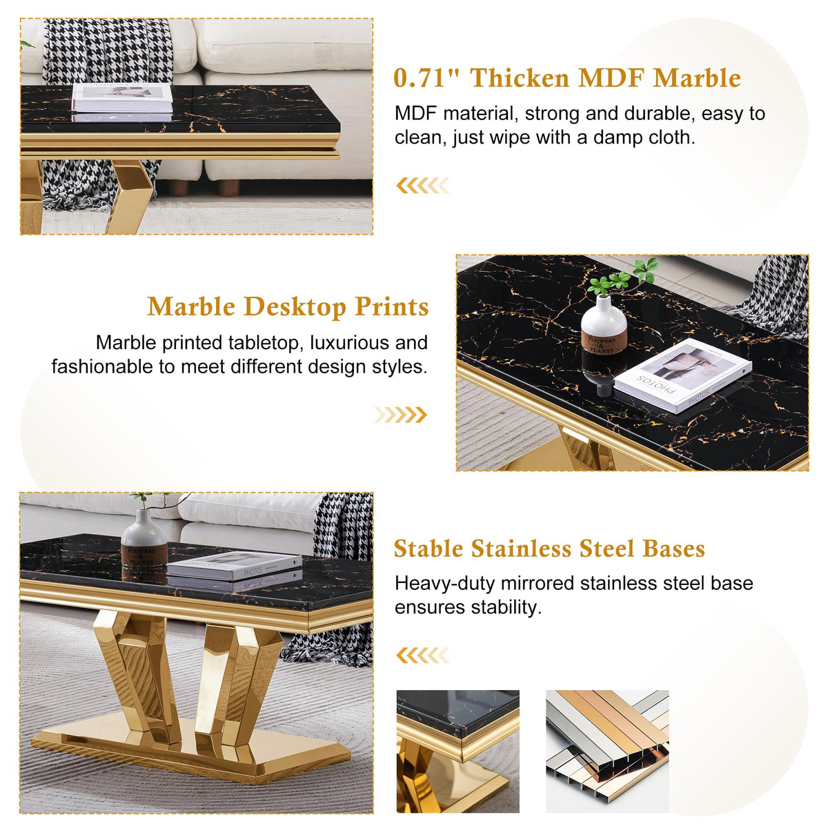 47" Faux Marble Rectangular Coffee Table with Mirrored Finish Stainless Steel Base P1515
