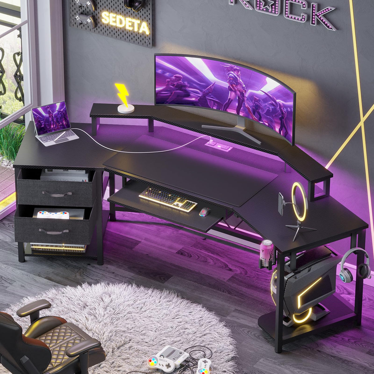 79" Gaming Desk with Fabric Drawers Storage B3522