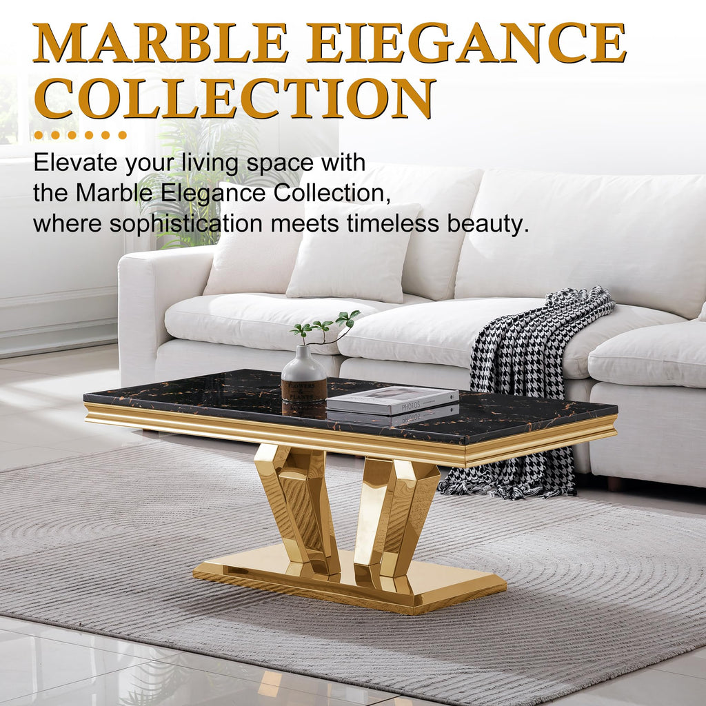 47" Faux Marble Rectangular Coffee Table with Mirrored Finish Stainless Steel Base P1515