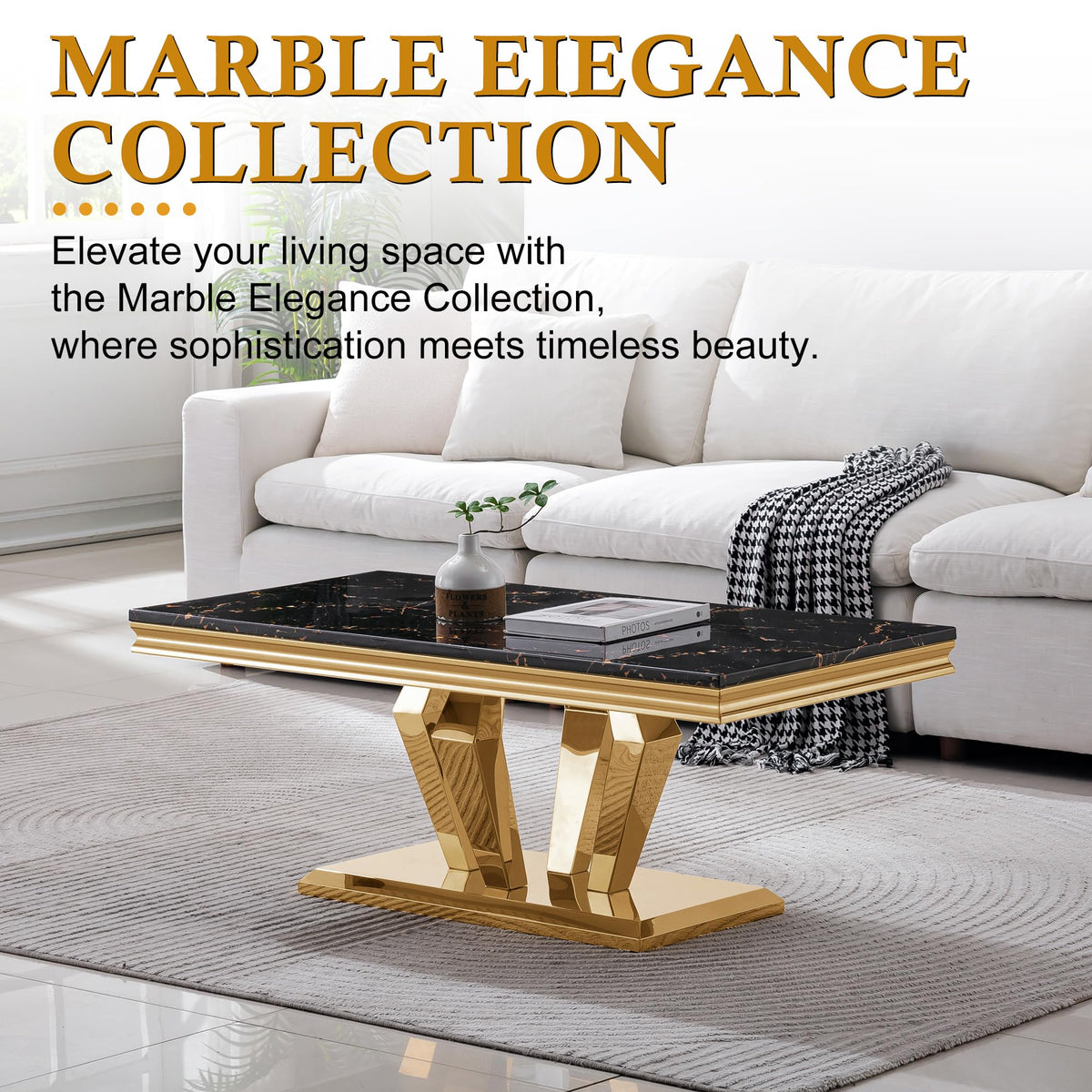 47" Faux Marble Rectangular Coffee Table with Mirrored Finish Stainless Steel Base P1515