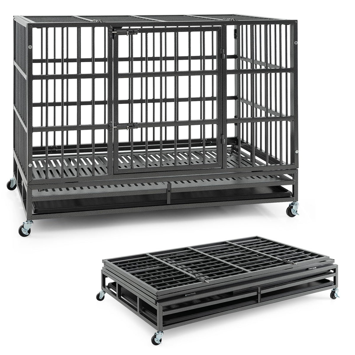 48 Inch Foldable Metal Dog Crate with 2 Lockable Doors I359405