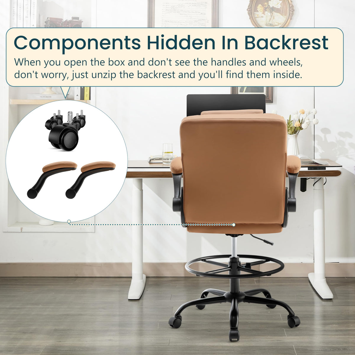 Brown PU Leather Drafting Chair with Flip-up Armrests B240