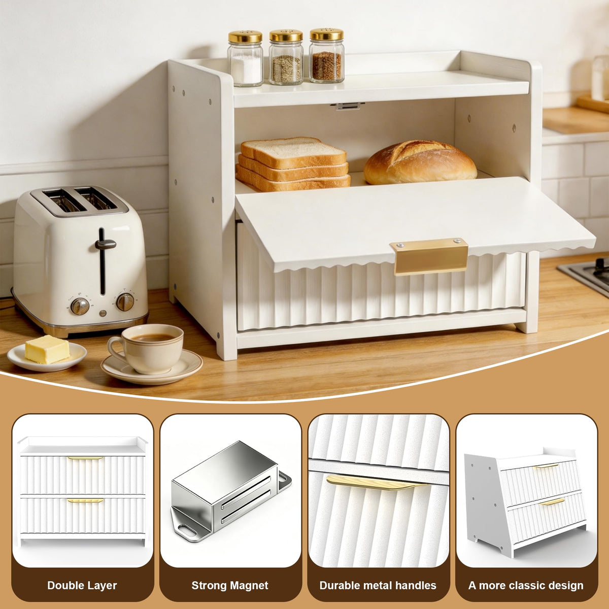 White Double Layer Wooden Bread Box F419