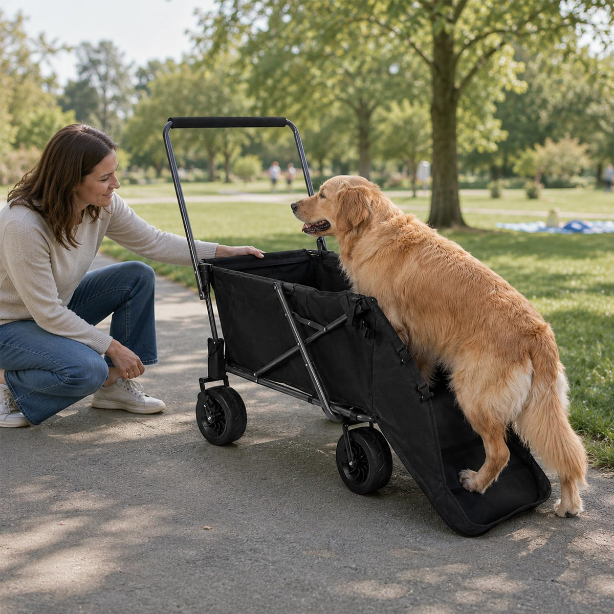 Folding Dog Wagon Cart with Extendable Rear End, 220L Collapsible Utility Cart, Black P277