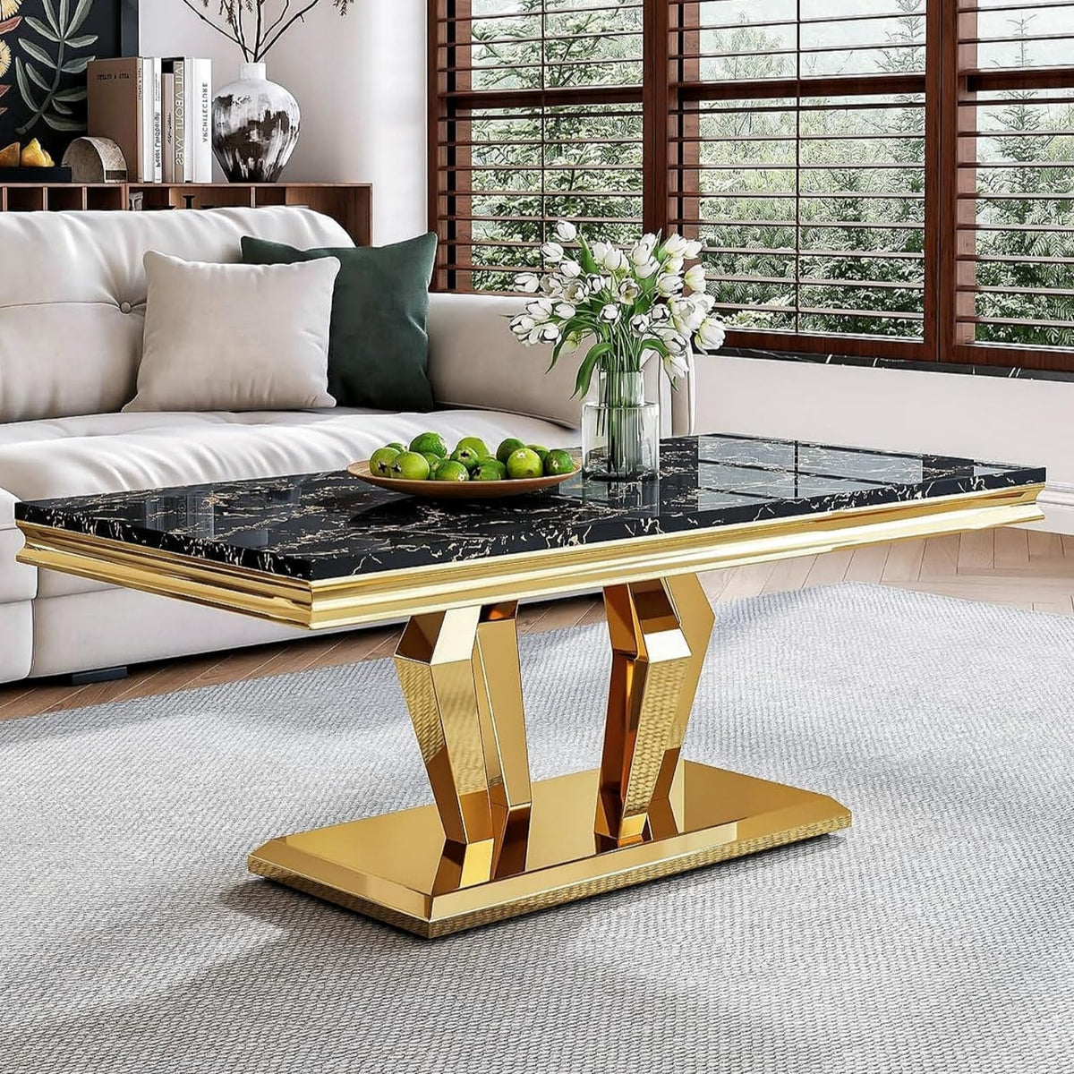 47" Faux Marble Rectangular Coffee Table with Mirrored Finish Stainless Steel Base P1515