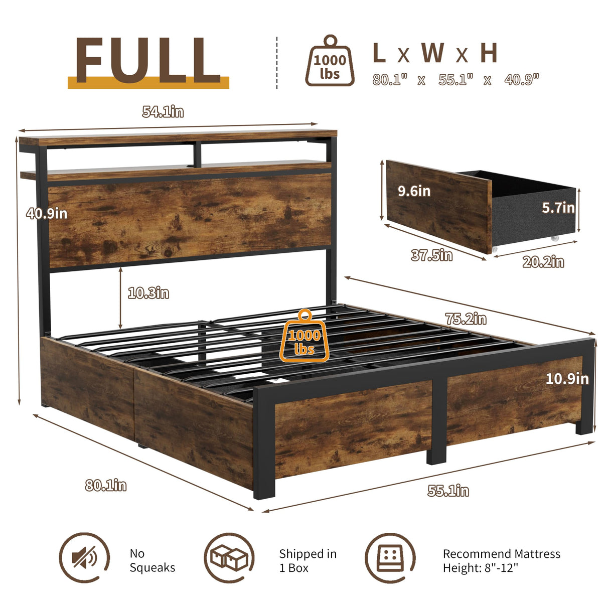 Full Bed Frame with 4 Storage Drawers H5987