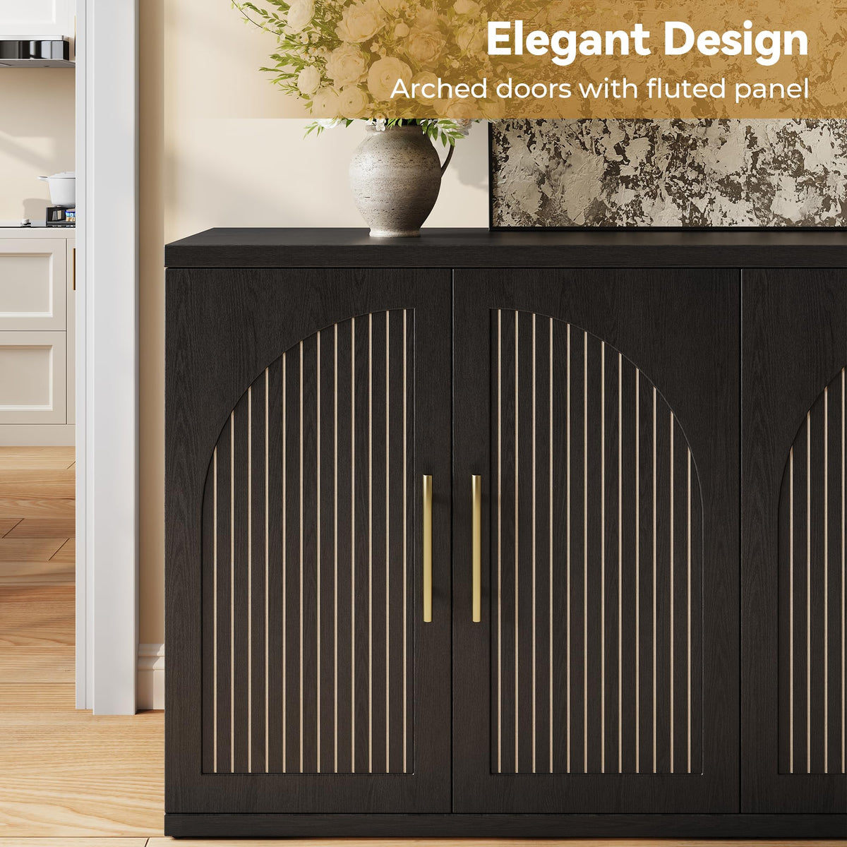 63" Black Wood Buffet Cabinet with Storage Y201