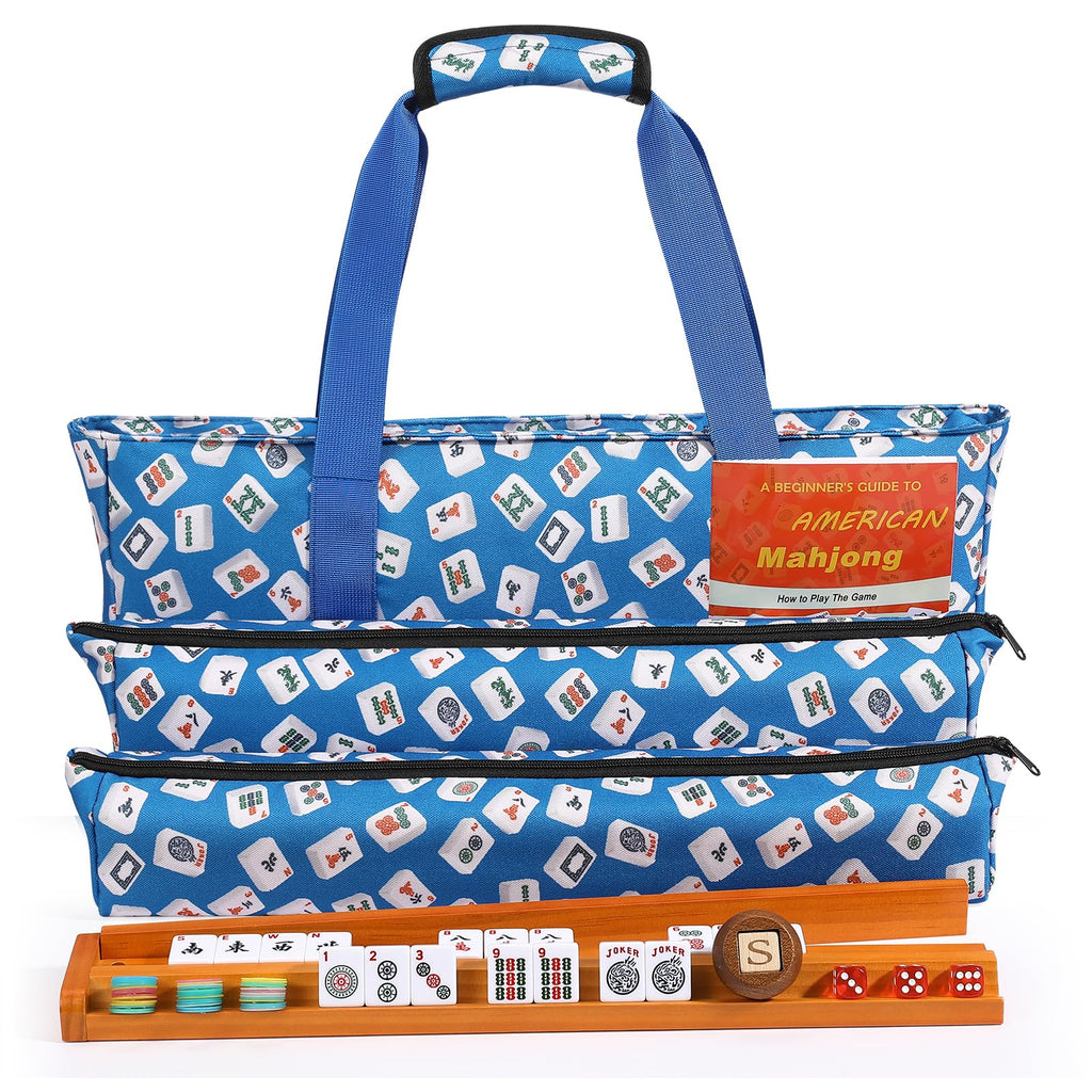 166 White Tiles Mahjong Game Set with Wooden Racks and Carrying Bag J1559