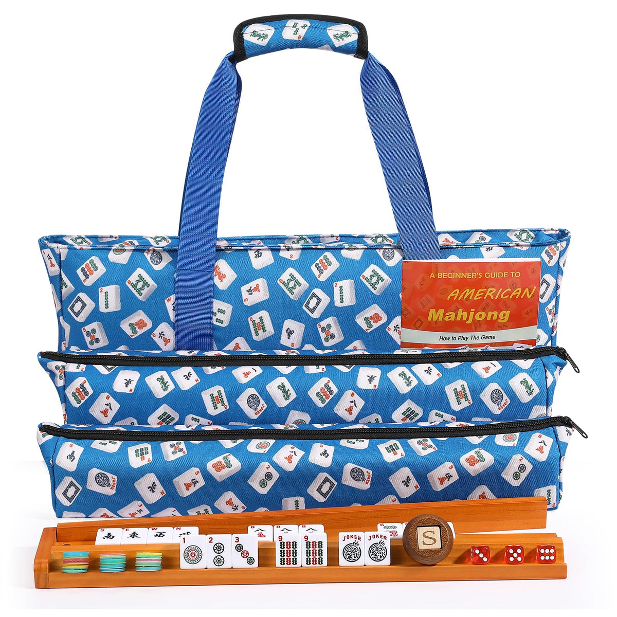 166 White Tiles Mahjong Game Set with Wooden Racks and Carrying Bag J1559