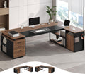 78" Walnut L Shaped Executive Desk with File Cabinet and Outlets X1003