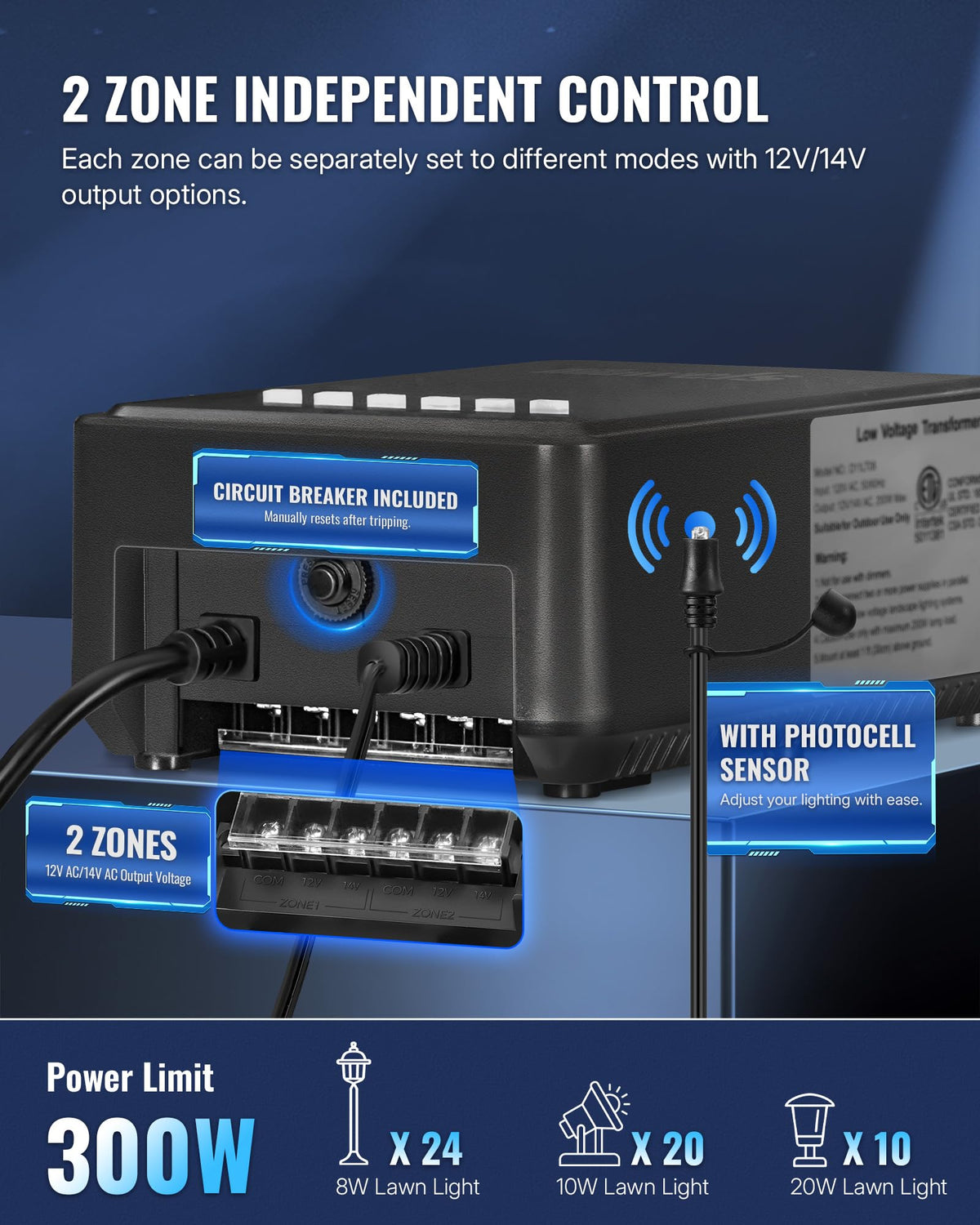 300W Low Voltage Landscape Transformer with Timer & Photocell Sensor Y340325
