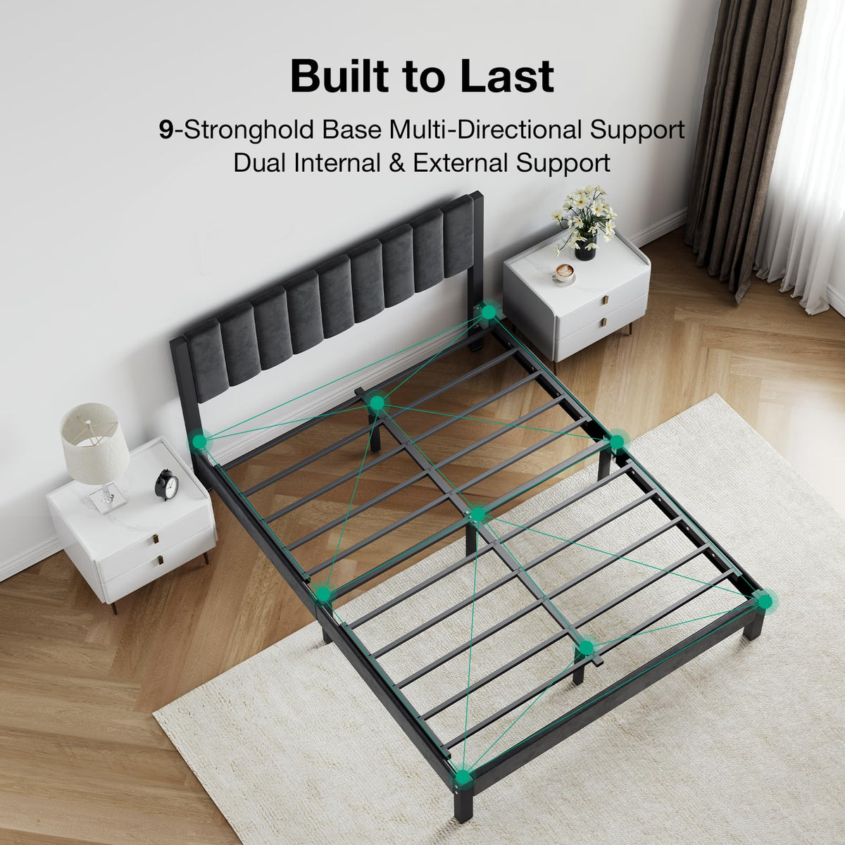 Twin Size Metal Platform Bed Frame with Velvet Headboard and Footboard M286