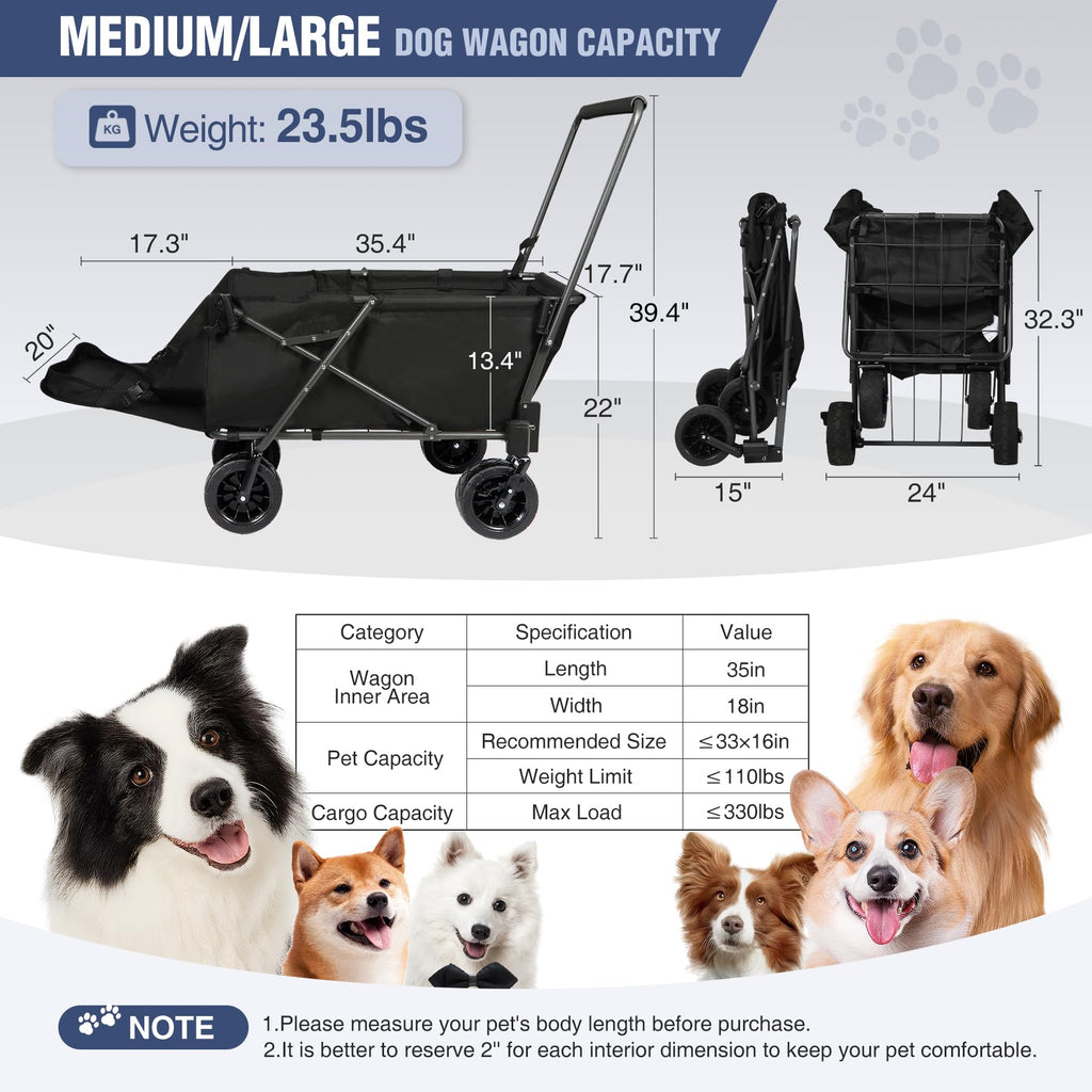 Folding Dog Wagon Cart with Extendable Rear End, 220L Collapsible Utility Cart, Black P277