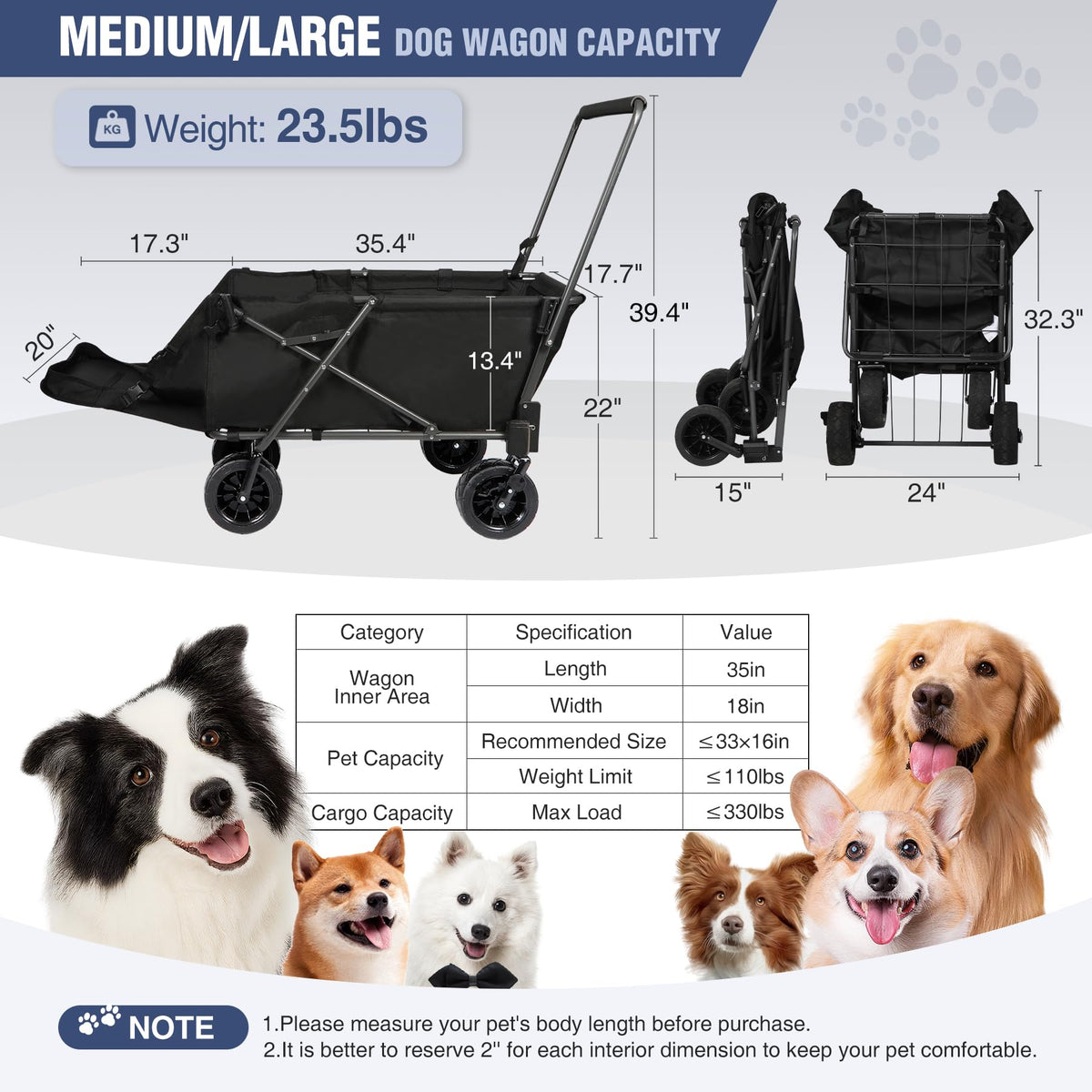Folding Dog Wagon Cart with Extendable Rear End, 220L Collapsible Utility Cart, Black P277