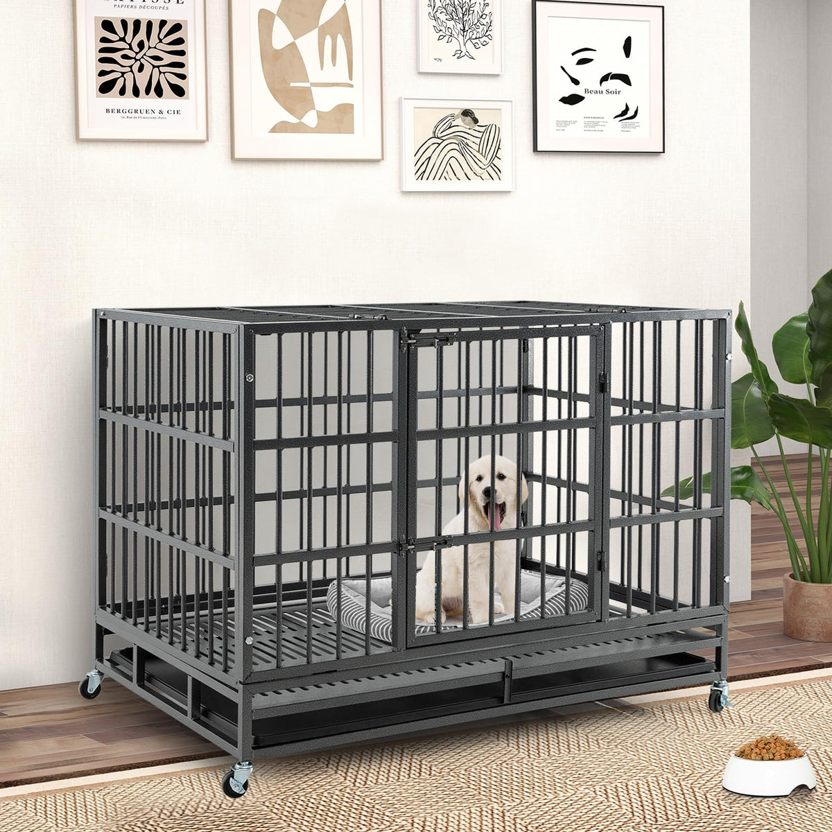 48 Inch Foldable Metal Dog Crate with 2 Lockable Doors I359405