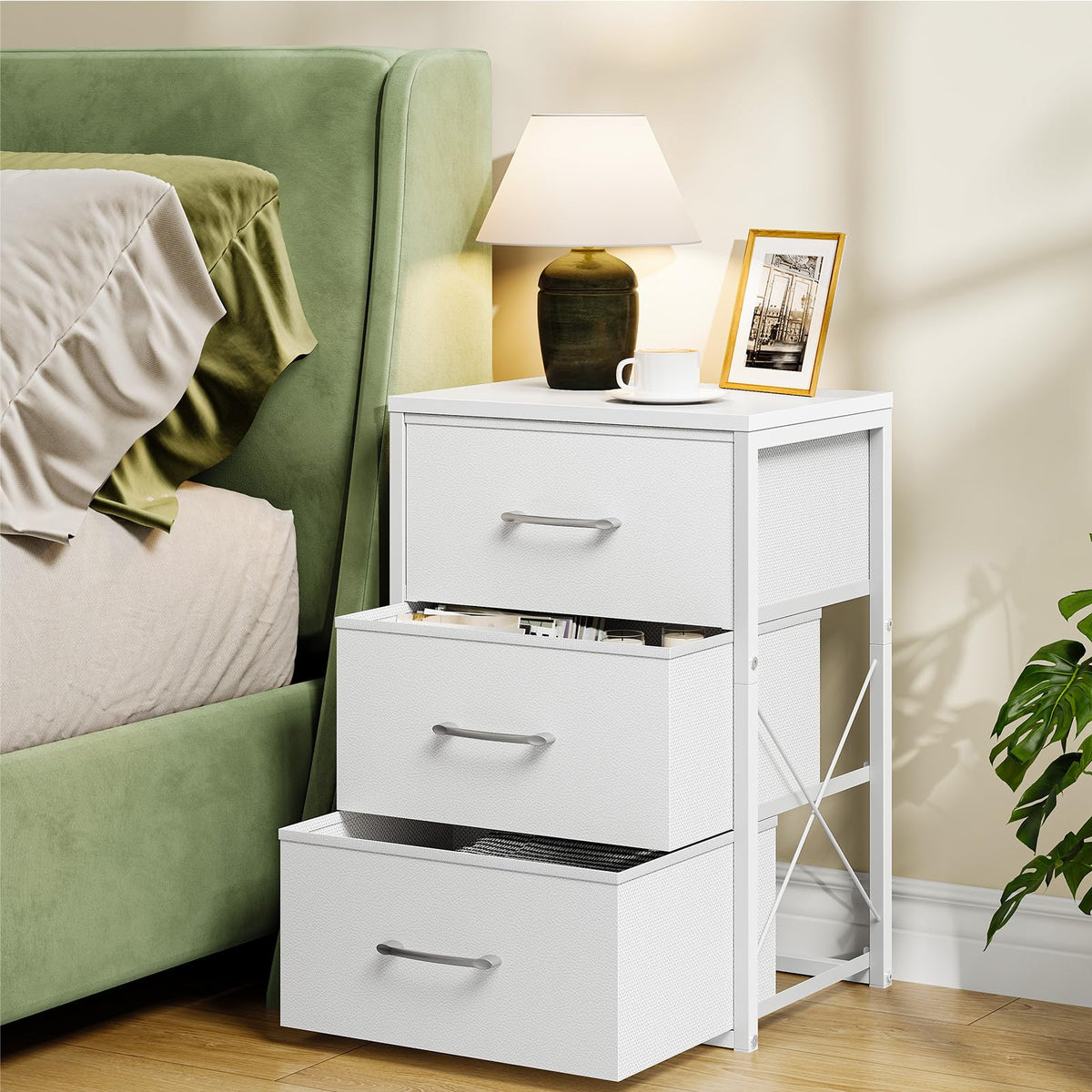 White 3 Drawer Fabric Storage Dresser with Wooden Top Q912