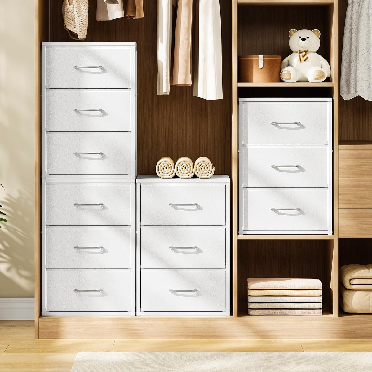 White 3 Drawer Fabric Storage Dresser with Wooden Top Q912