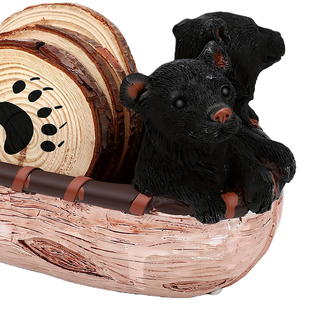 Set of 6 Black Bear Coaster Set with Canoe Holder W189