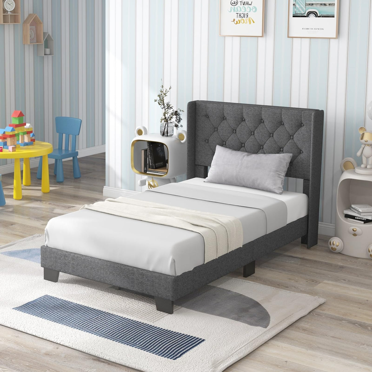 Twin Fabric Upholstered Platform Bed with Wingback Button Tufted Headboard N827049