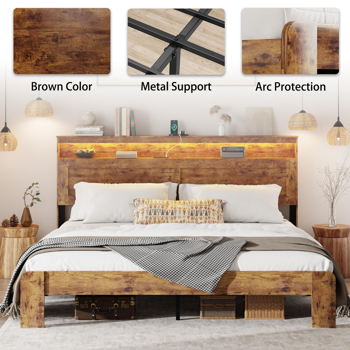 King Size Wooden Bed Frame with Storage Headboard S24291