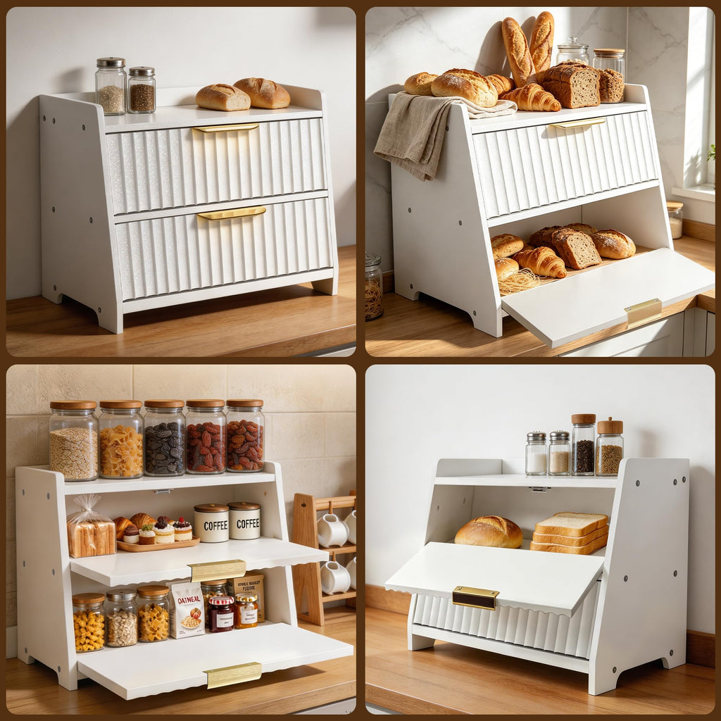 White Double Layer Wooden Bread Box F419