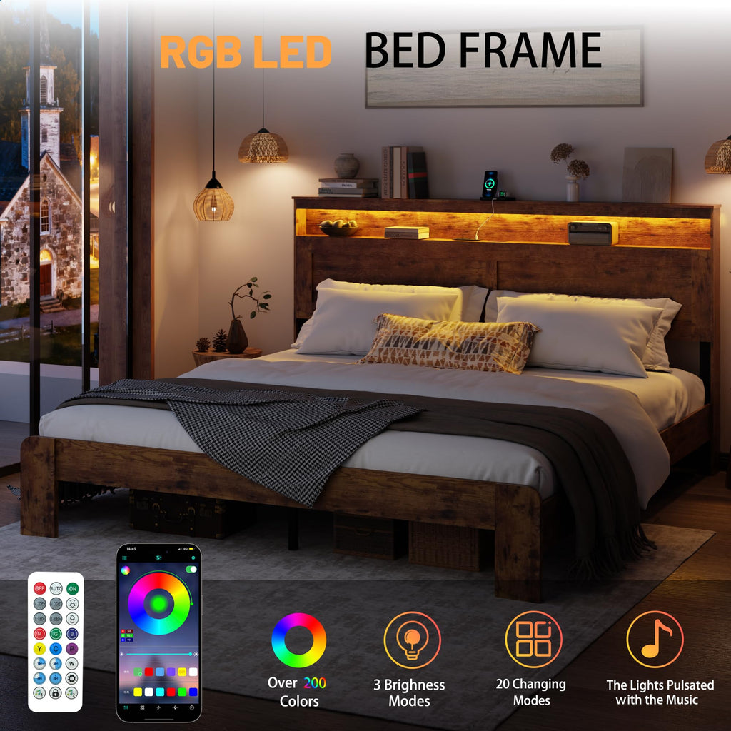 King Size Wooden Bed Frame with Storage Headboard S24291