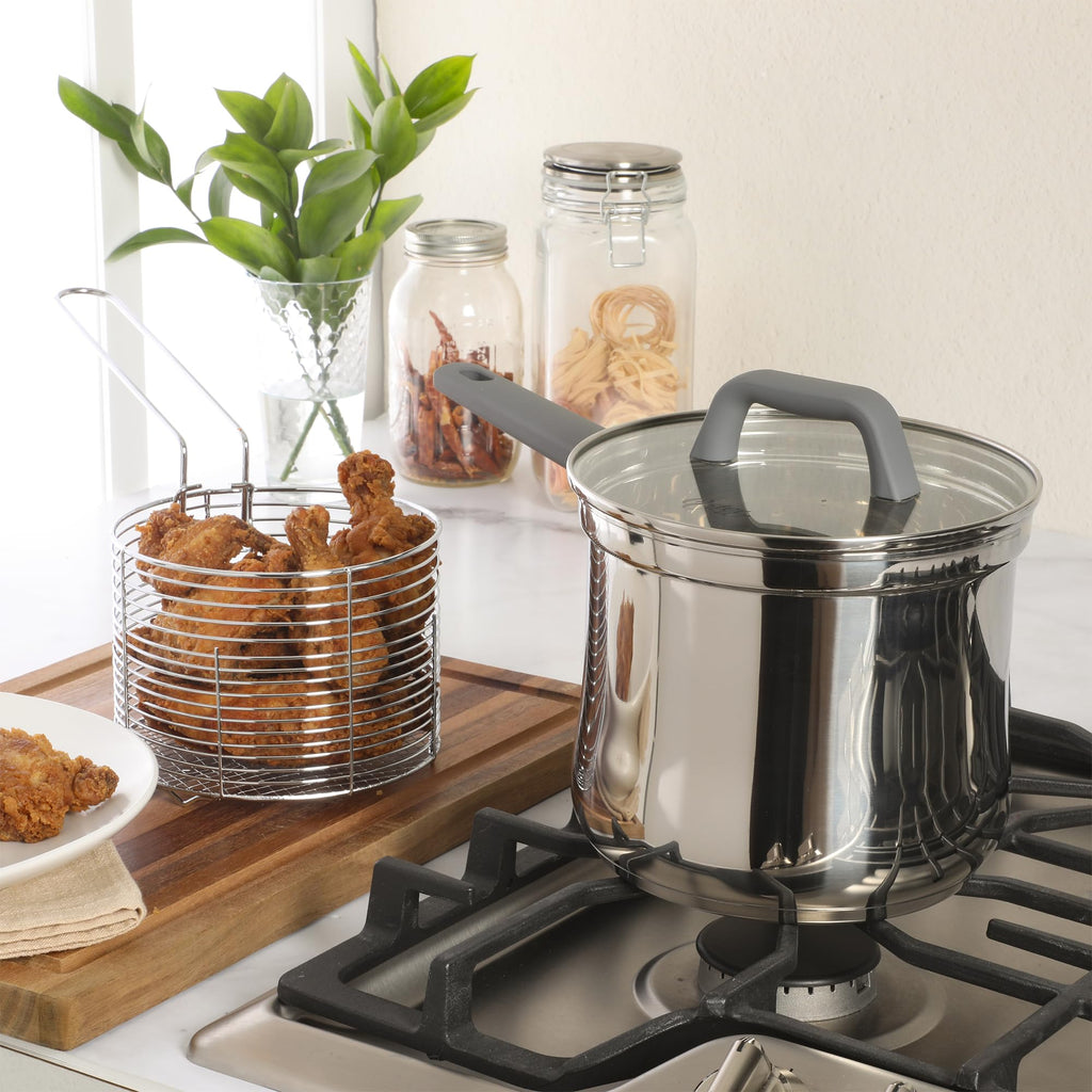 4-Quart Stainless Steel Deep Fryer Pot with Basket & Glass Lid H21021