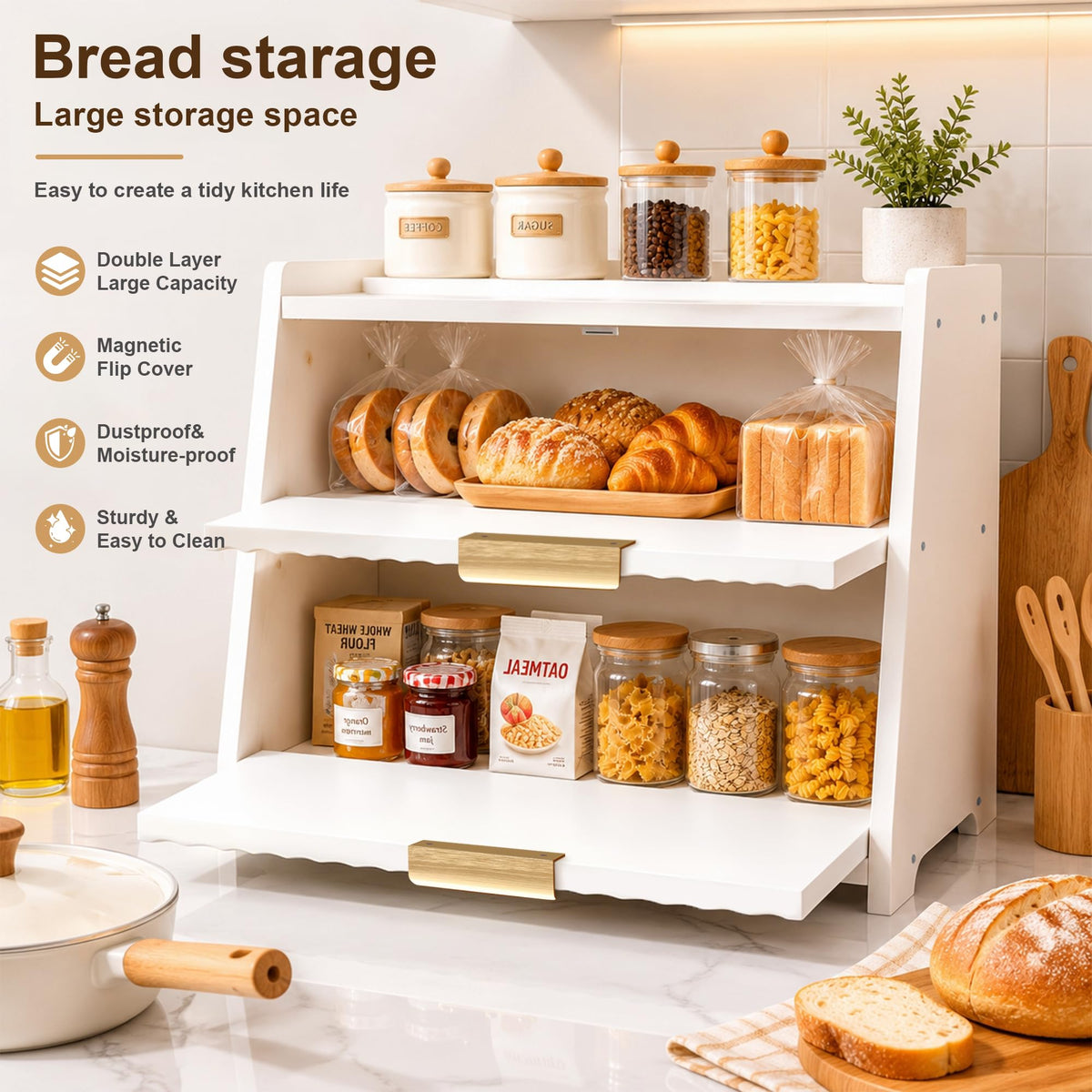 White Double Layer Wooden Bread Box F419